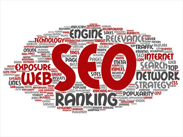 Conceptual search results engine optimization top rank, seo abstract online internet word cloud isolated on background. A marketing strategy web page content relevance network concept tagloud