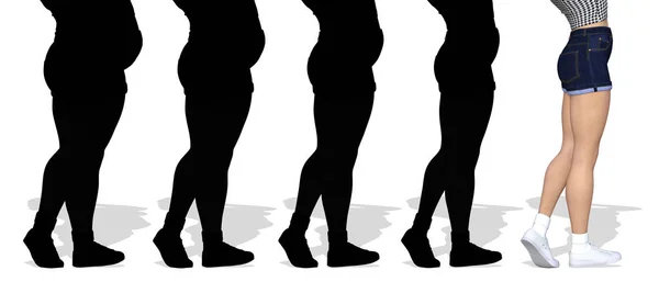 概念肥胖超重肥胖女性 后减肥苗条身材健康的身体 或肌肉瘦的年轻女子 孤立的饮食习惯 营养或肥胖肥胖 健康形状三维图 — 图库照片