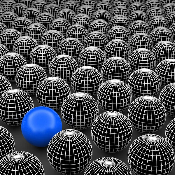 Kavram ya da kavramsal 3d resimde tel kafes siyah beyaz grup küreler veya kalabalık arka plan dışında özel bir farklı bir konumu olan topları