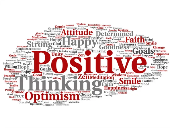 Concept, conceptual positive thinking, happy strong attitude abstract word cloud isolated on background. Collage of optimism smile, faith, courageous goals, goodness, happiness inspiration text