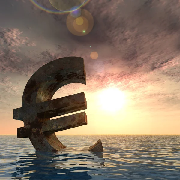 Kavramsal 3d örnek para birimi euro simgesini veya su, deniz ya da okyanus günbatımı arka plan kavramı Avrupa kriz için batan erkek