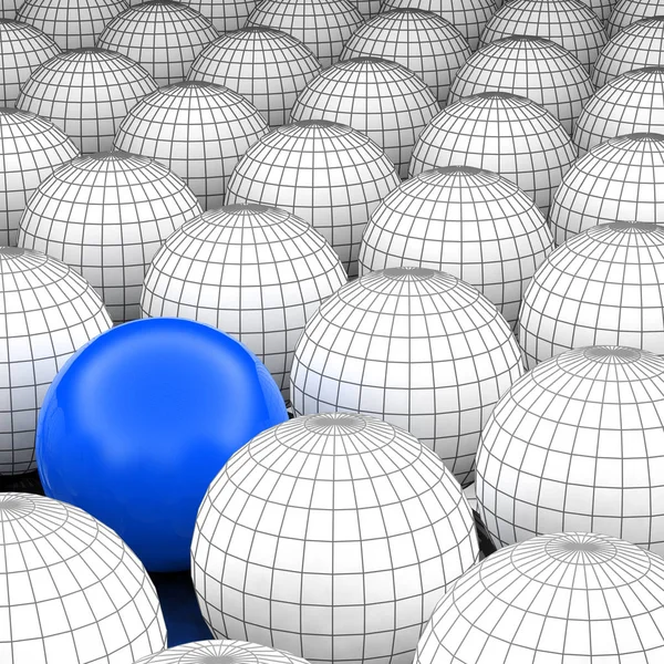 Kavram ya da kavramsal 3d resimde tel kafes siyah beyaz grup küreler veya kalabalık arka plan dışında özel bir farklı bir konumu olan topları