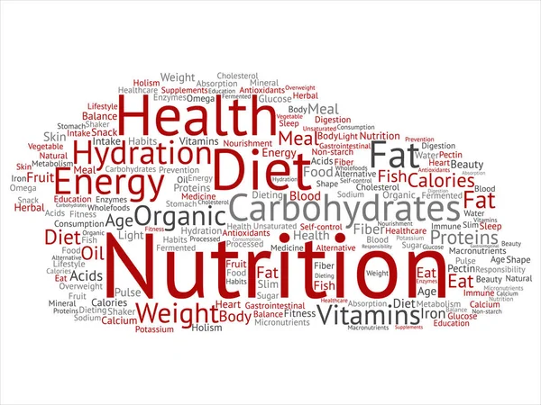 Kavram ya da kavramsal beslenme sağlık diyet soyut kelime izole bulut arka plan. Karbonhidratlar, vitaminler, yağ, ağırlık, enerji, antioksidanlar Güzellik Tıp, mineral, protein metin kolaj