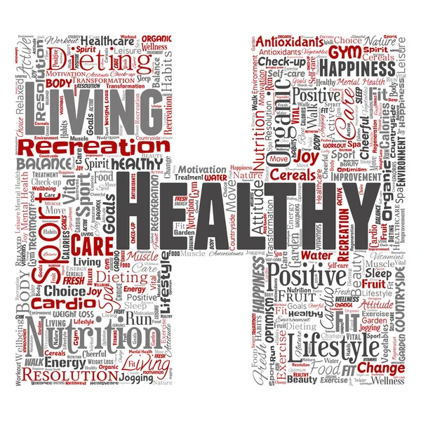 概念的な健全な生活プラス栄養スポーツ文字フォント の単語はクラウド孤立した背景です 幸福のケア レクリエーション運動 重要な医療スパのコンセプトのコラージュ — ストック写真