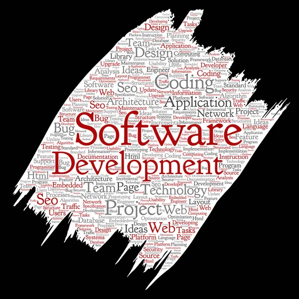 Kavramsal yazılım geliştirme projesi teknoloji boya fırça kağıt kelime bulutu kodlama arka plan izole. Uygulama web tasarım, seo fikir, uygulama, test yükseltme kavramı kolaj