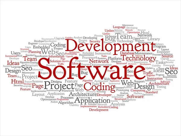 Kavram ya da kavramsal yazılım geliştirme projesi teknoloji soyut kelime bulutu kodlama arka plan izole. Uygulama web tasarım, seo fikir, uygulama, test yükseltme metin kolaj