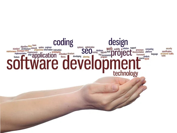 概念或概念的软件开发项目编码技术抽象词云在背景上孤立的手中 — 图库照片
