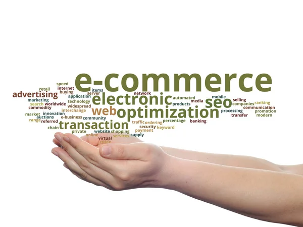 Concept or conceptual E-commerce electronic sales abstract word cloud in hands isolated on background