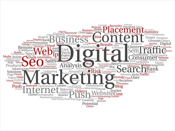 Concept or conceptual digital marketing seo traffic abstract word cloud isolated on background. Collage of business, market, content, search, web push, placement, communication technology text