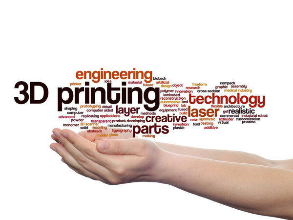 Concept or conceptual 3D printing creative laser technology abstract word cloud in hands isolated on background