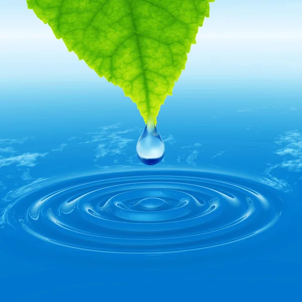 Kavram ya da kavramsal temiz kaynak suyu veya çiğ bırakın dalgalar yapma 3d illüstrasyon mavi temiz su üzerinde yeşil bir taze yaprak düşüyor