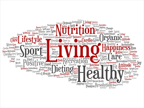 Concept or conceptual healthy living positive nutrition sport abstract word cloud isolated background. Collage of happiness, care, organic, recreation workout, beauty, vital healthcare spa text