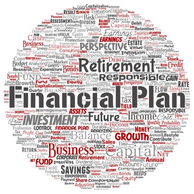 Vektör kavramsal iş veya kişisel mali plan yuvarlak daire kırmızı finans strateji kelime izole bulut arka plan. Kolaj gelir, para yatırım, gelecekteki emeklilik güvenlik konsept tasarımı