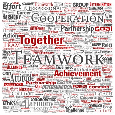 Kavramsal ekip çalışması yönetimi kare kırmızı ortaklık fikri veya başarı hedef sözcük vektör izole arka plan bulut. Kolaj bir iş stratejisi olarak grup işbirliği çözüm ya da takım konsept tasarımı