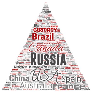 Vektör kavramsal dünya ülke ya da kıta üçgen kırmızı ok küresel birlik, tatil seyahat kelime bulutu arka plan izole. Uluslararası ulus coğrafya eğitim veya Turizm kavramı kolaj