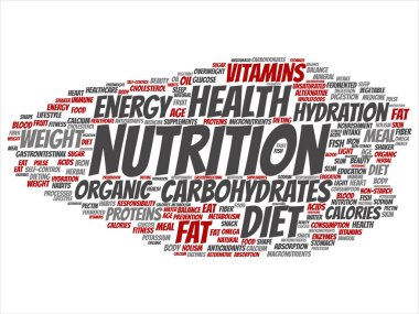 Vektör kavram ya da kavramsal beslenme sağlık diyet soyut kelime izole bulut arka plan. Karbonhidratlar, vitaminler, yağ, ağırlık, enerji, antioksidanlar Güzellik Tıp, mineral, protein metin kolaj