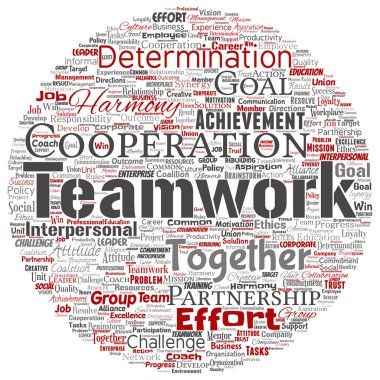 Vektör kavramsal ekip çalışması yönetimi yuvarlak daire kırmızı ortaklık fikri, başarı hedefi word cloud izole arka plan. Kolaj bir iş stratejisi olarak grup işbirliği çözüm ya da takım konsept tasarımı