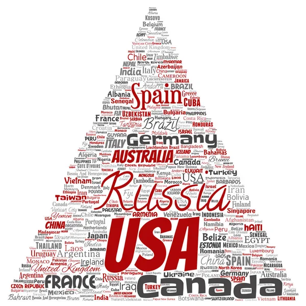 Vektör kavramsal dünya ülke ya da kıta üçgen kırmızı ok küresel birlik, tatil seyahat kelime bulutu arka plan izole. Uluslararası ulus coğrafya eğitim veya Turizm kavramı kolaj