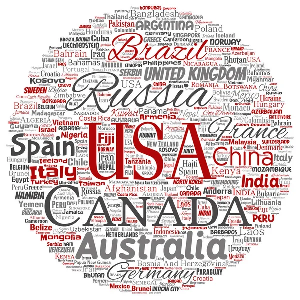 Vektör kavramsal dünya ülke ya da kıta yuvarlak daire kırmızı küresel birlik, tatil seyahat etmek sözcük izole arka plan bulut. Kolaj Uluslararası ulus coğrafya eğitim, turizm konsept tasarımı