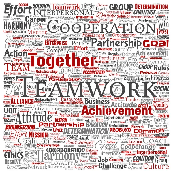 Kavramsal ekip çalışması yönetimi kare kırmızı ortaklık fikri veya başarı hedef sözcük vektör izole arka plan bulut. Kolaj bir iş stratejisi olarak grup işbirliği çözüm ya da takım konsept tasarımı