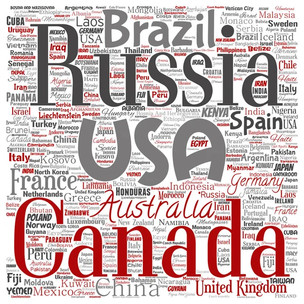 Vektör kavramsal dünya ülke ya da kıta kare kırmızı küresel birlik veya tatil seyahat kelime izole bulut arka plan. Uluslararası ulus coğrafya eğitim veya Turizm konsept tasarımı kolaj