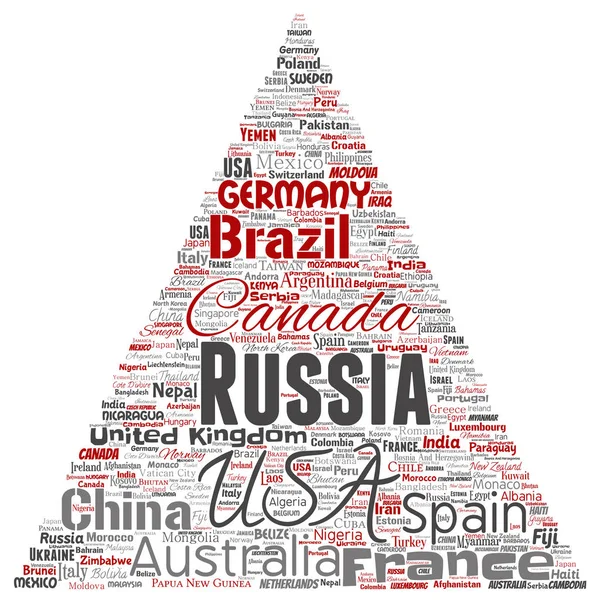 Vektör kavramsal dünya ülke ya da kıta üçgen kırmızı ok küresel birlik, tatil seyahat kelime bulutu arka plan izole. Uluslararası ulus coğrafya eğitim veya Turizm kavramı kolaj