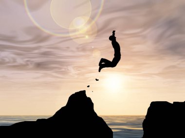 Kavram ya da kavramsal 3d resimde genç adam ya da işadamı siluet atlamak mutlu uçurumun üzerinden su gap gündoğumu veya günbatımı gökyüzü arka plan