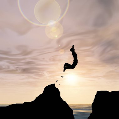 Kavram ya da kavramsal 3d resimde genç adam ya da işadamı siluet atlamak mutlu uçurumun üzerinden su gap gündoğumu veya günbatımı gökyüzü arka plan