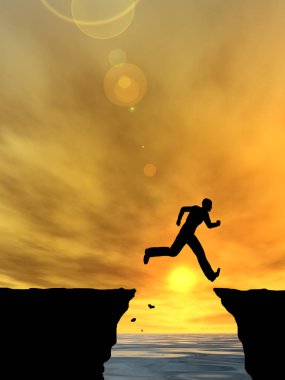 Kavram ya da kavramsal 3d resimde genç adam ya da işadamı siluet atlamak mutlu uçurumun üzerinden su gap gündoğumu veya günbatımı gökyüzü arka plan