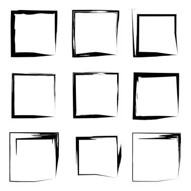 Koleksiyon veya sanatsal siyah boya el kümesi yaratıcı grungy fırça konturu kare kare veya beyaz arka plan üzerinde izole sınırları yapılan