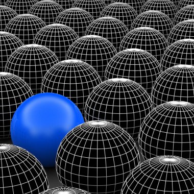 Kavram ya da kavramsal 3d resimde tel kafes siyah beyaz grup küreler veya kalabalık arka plan dışında özel bir farklı bir konumu olan topları