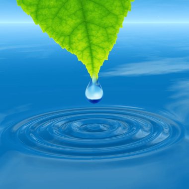 Kavram ya da kavramsal temiz kaynak suyu veya çiğ bırakın dalgalar yapma 3d illüstrasyon mavi temiz su üzerinde yeşil bir taze yaprak düşüyor