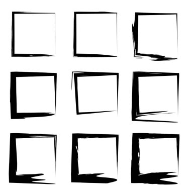 Koleksiyon veya sanatsal siyah boya el kümesi yaratıcı grungy fırça konturu kare kare veya beyaz arka plan üzerinde izole sınırları yapılan