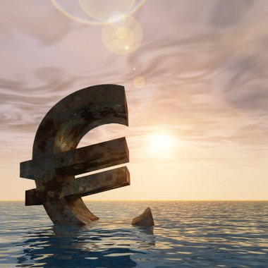 Kavramsal 3d örnek para birimi euro simgesini veya su, deniz ya da okyanus günbatımı arka plan kavramı Avrupa kriz için batan erkek