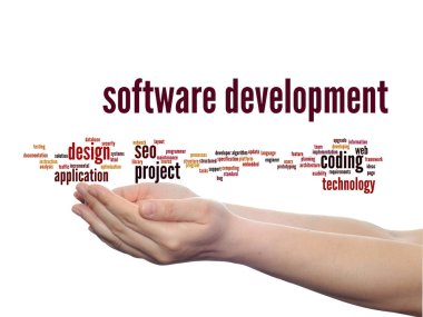 Kavram ya da teknoloji soyut kelime izole bulut arka plan kodlama kavramsal yazılım geliştirme projesi