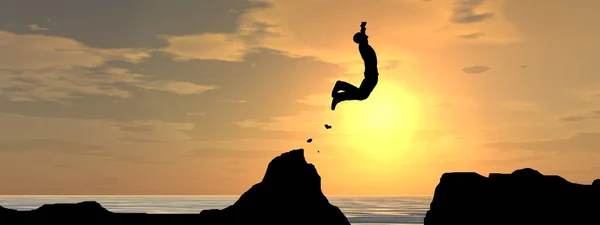 Concept Conceptual Illustration Young Man Businessman Silhouette Jump Happy Cliff — Stock Photo, Image