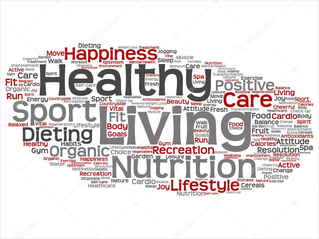 Concept or conceptual healthy living positive nutrition sport abstract word cloud isolated background