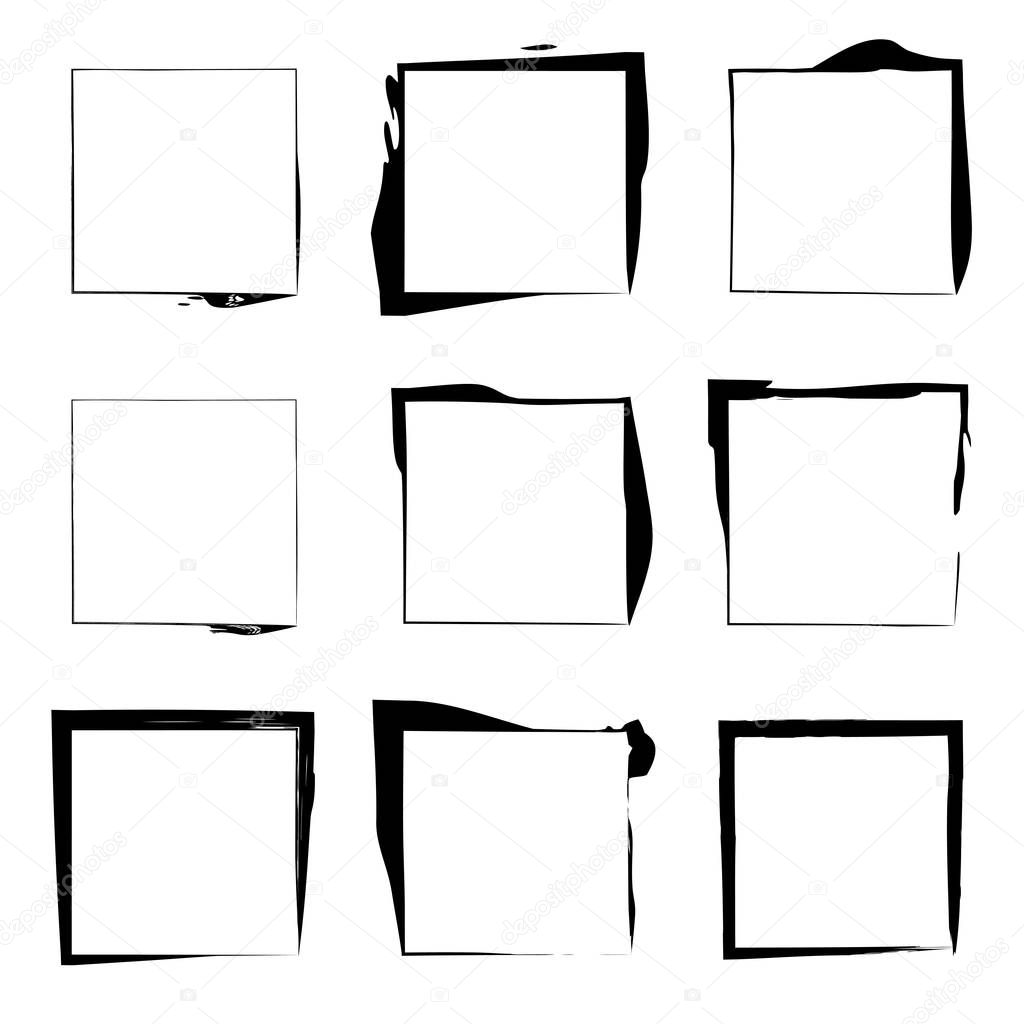 Collection or set of artistic black paint hand made creative grungy brush stroke square frames or borders isolated on white background