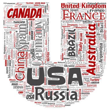 Vektör kavramsal dünya ülke ya da kıta kare kırmızı küresel birlik veya tatil seyahat kelime izole bulut arka plan. 