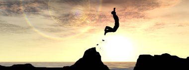 Konseptinden genç adam ya da işadamı siluet atlama mutlu uçurumun üzerinden su gap gündoğumu veya günbatımı gökyüzü arka plan