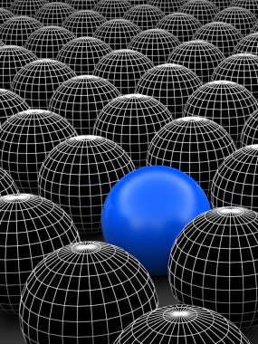 Kavram ya da küreler veya kalabalık arka plan dışında özel farklı duran toplarla kavramsal 3d tel kafes grubu
