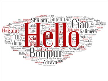 Kavram ya da kavramsal soyut Merhaba ya da uluslararası turizm kelime bulutu farklı dillerde veya çok dilli tebrik.
