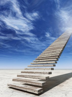 Kavram ya da çölde bulutlu gökyüzü arka plan üzerinde cennete kavramsal merdiven basamakları