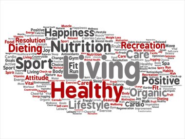 Kavram ya da beyaz arka plan üzerinde izole kavramsal sağlıklı yaşam pozitif beslenme spor soyut kelime bulutu.