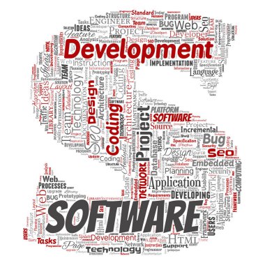 Beyaz arka plan üzerinde teknoloji mektup S yazı tipi word bulut kodlama kavramsal yazılım geliştirme projesi izole.