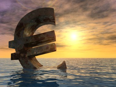 Kavramsal günbatımı arka plan üzerinde suda batan 3d para birimi euro simgesi