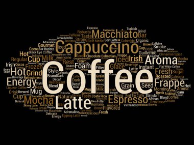 Kavramsal yaratıcı sıcak sabah İtalyan kahve molası, cappuccino veya espresso restoran veya kafeterya soyut içecek kelime bulutu siyah arka plan üzerine