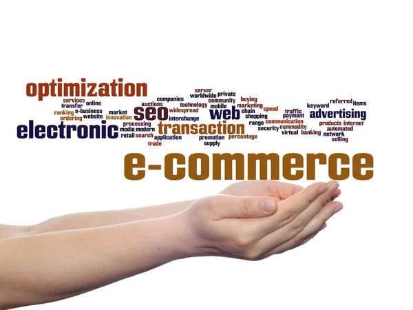 Concept or conceptual E-commerce electronic sales abstract word cloud in hands