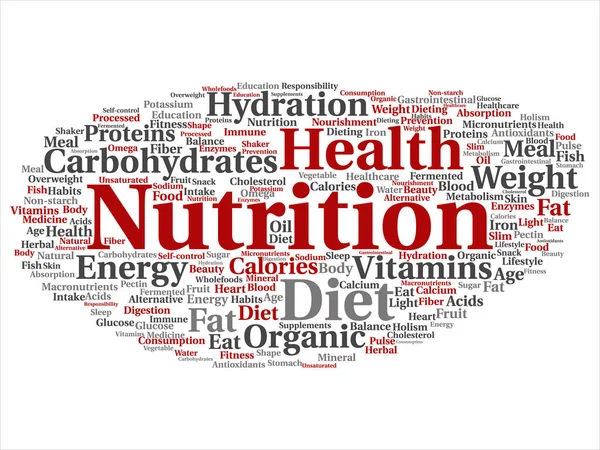 Kavram ya da beyaz arka plan üzerinde izole kavramsal beslenme sağlık diyet soyut kelime bulutu.