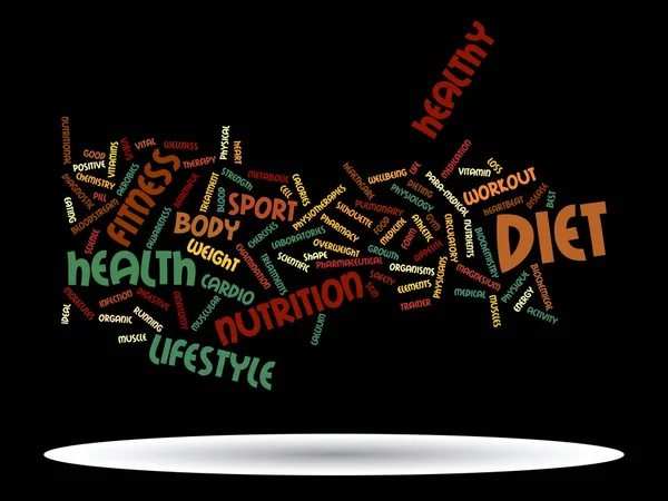 概念或概念抽象健康饮食或体育词云彩在黑色背景 — 图库照片